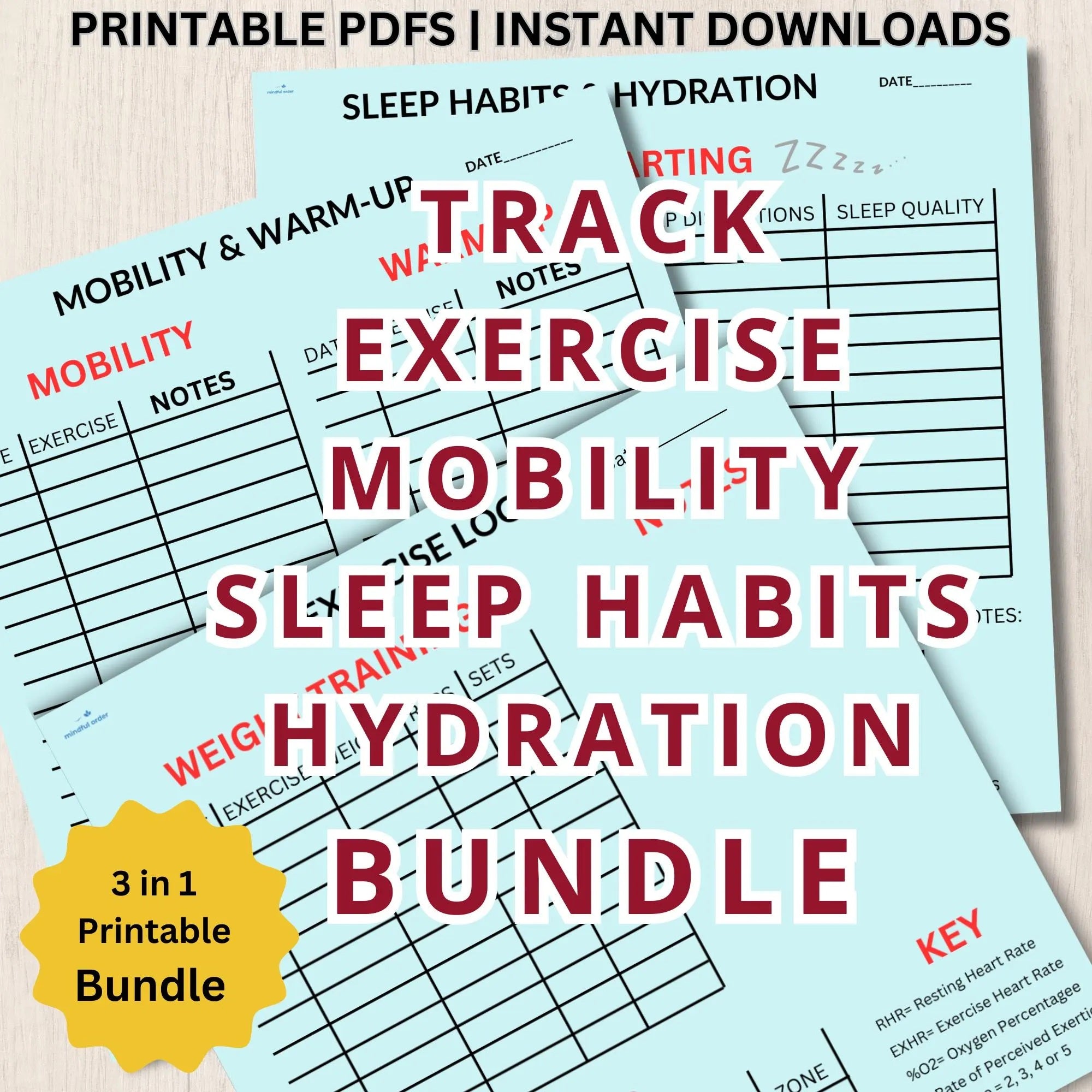Exercise, Sleep & Hydration Tracker Bundle | Wellness Planner (PDF)