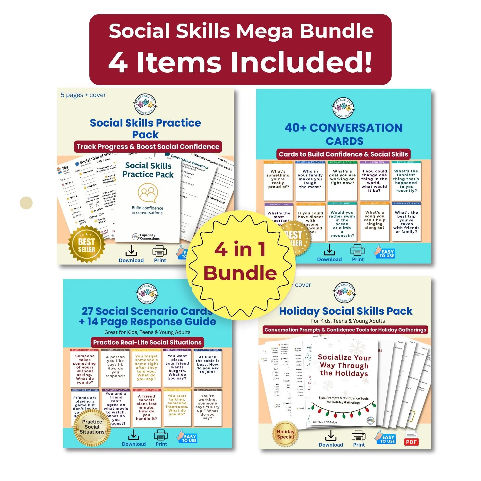 Holiday Social Skills Bundle | Conversation Starters & Scenarios (PDF)