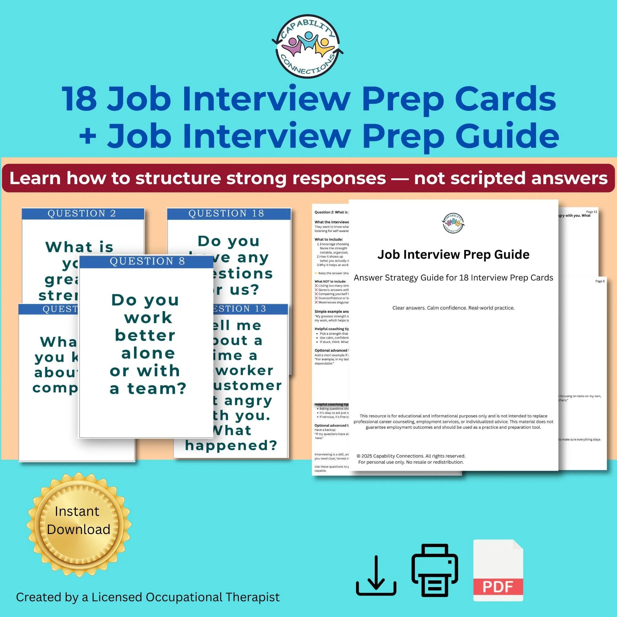 Job Interview Prep Cards & Guide | 18 Questions
