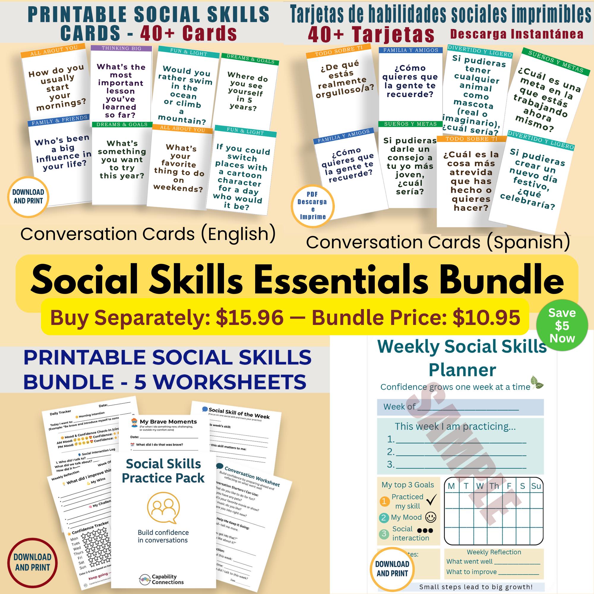 Social Skills Essentials Bundle | Conversation Cards & Worksheets (PDF)
